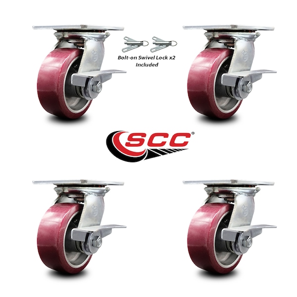 5 Inch Poly On Aluminum Caster Set With Roller Bearing 4 Brake And 2 Swivel Lock